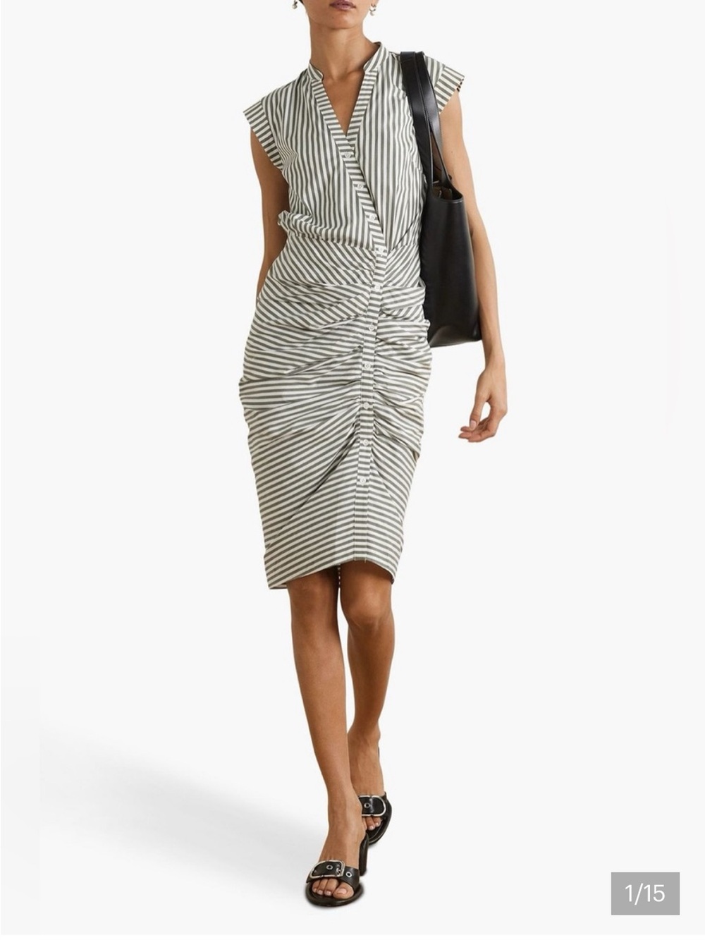 Veronica Beard Striped V-Neck Ruched Sheath Dress - army green & White size 0
